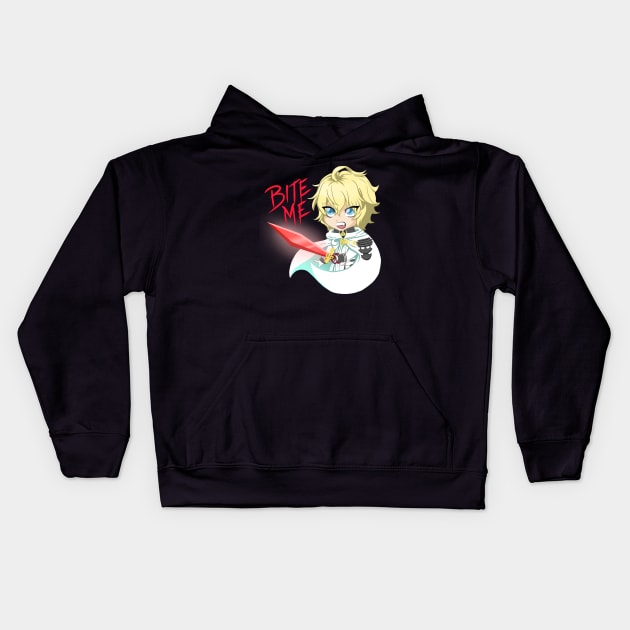 Mika Hyakuya - Bite Me Kids Hoodie by judechelfiearts